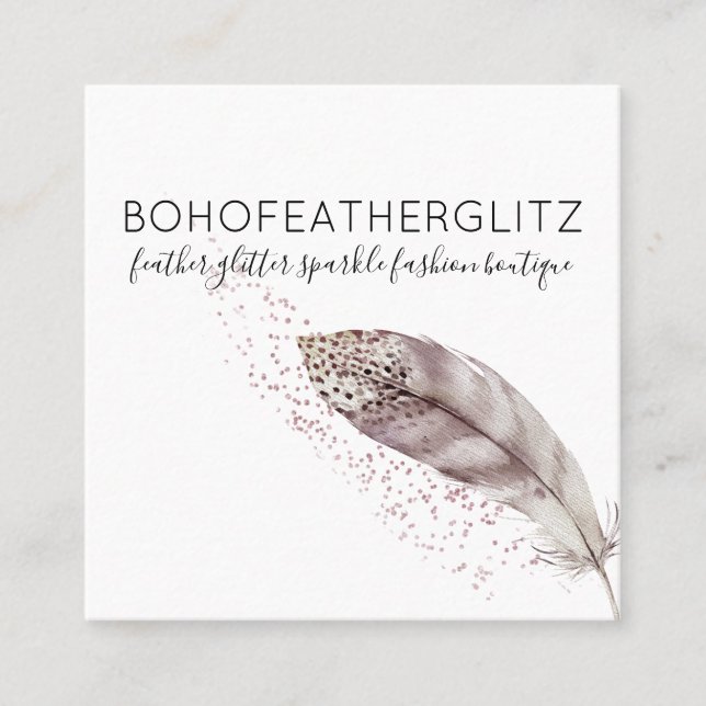 Feather Boho Glitzer Simple Elegant Quadratische Visitenkarte (Vorderseite)