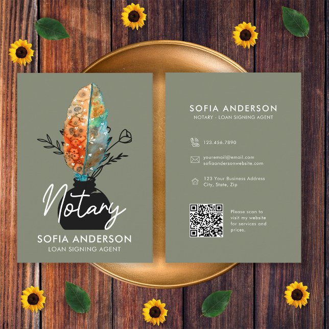 Feather Floral QR Code Notary Loan Signing Agent Visitenkarte (Front and Back)