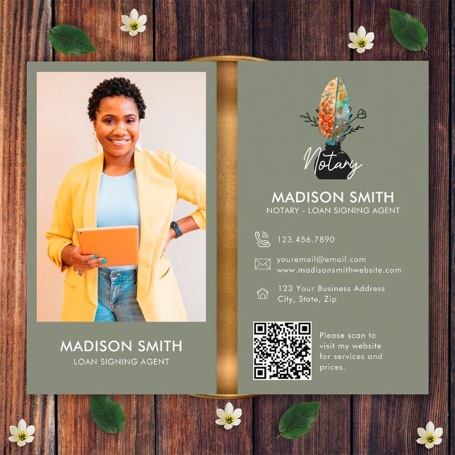 Feather Foto QR Code Notary Loan Signing Agent Visitenkarte (Front and Back)