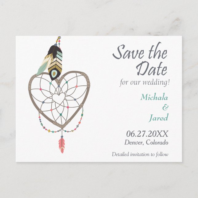 Feather Heart Dreamcatcher Save the Date Hochzeit Ankündigungspostkarte (Vorderseite)