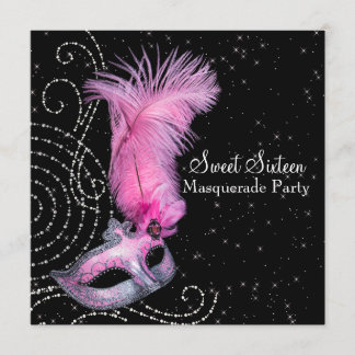 Feather Mask Pink Black Sweet 16 Masquerade Party Einladung