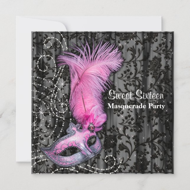 Feather Mask Pink Black Sweet 16 Masquerade Party Einladung (Vorderseite)