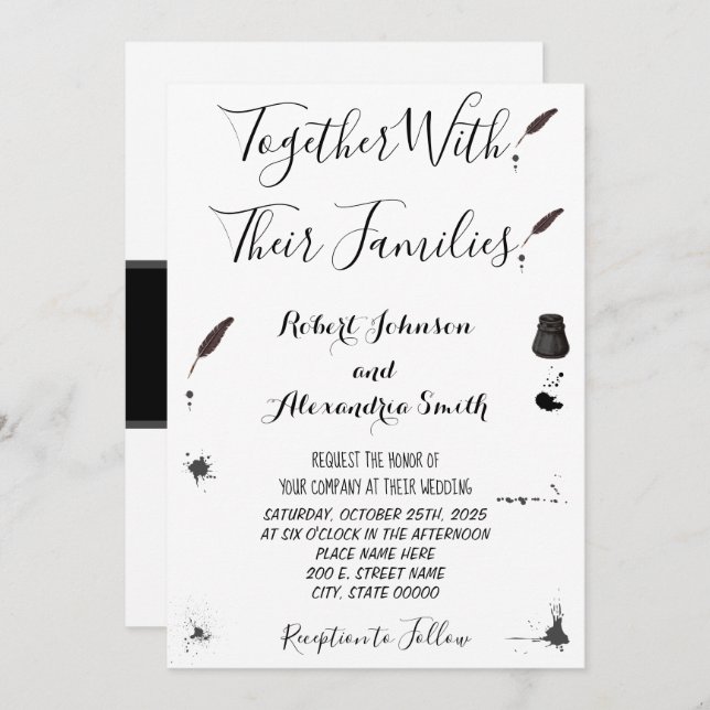 Feather Pen & Inkwell Wedding Einladung (Vorne/Hinten)