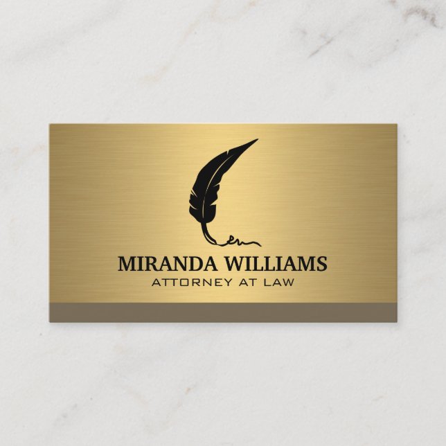Feather Pen Logo | Gold Metallic Business Card Visitenkarte (Vorderseite)