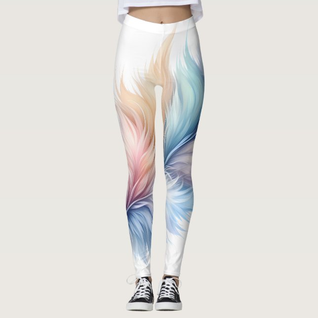 Feather Print Leggings, Pastel Feather Leggings (Vorderseite)