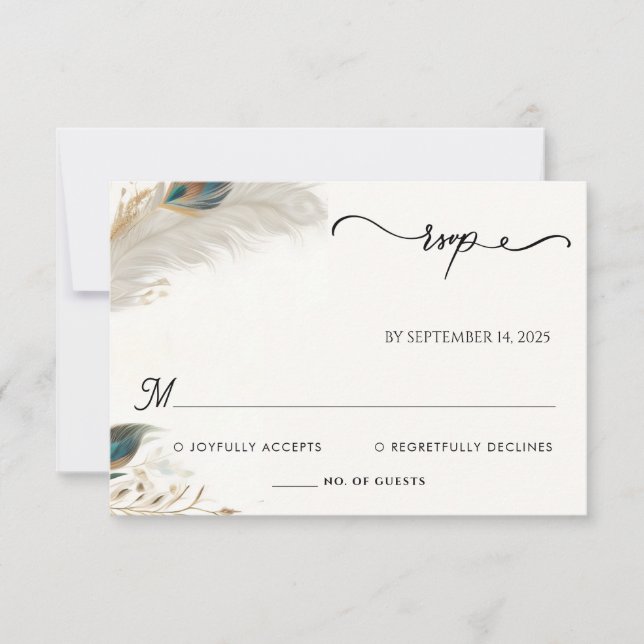 Feather Rustic Asian Sky Cloud Peacock Wedding RSVP Karte (Vorderseite)