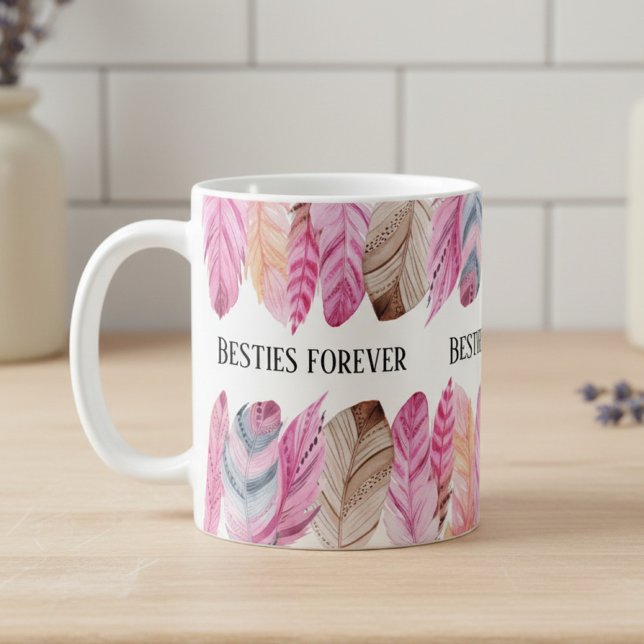 Feather Tasse Besties Forever (personalized mug with pink feathers)