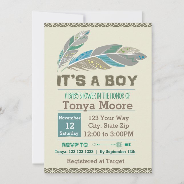 Feather Tribal Baby Shower Invitation (Junge) Einladung (Vorderseite)
