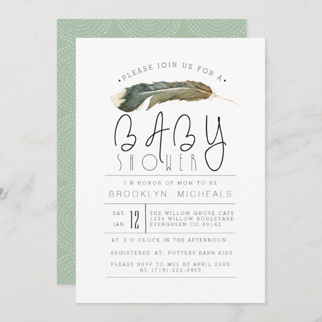 Feather Watercolor Babydusche Einladung (Vorne/Hinten)