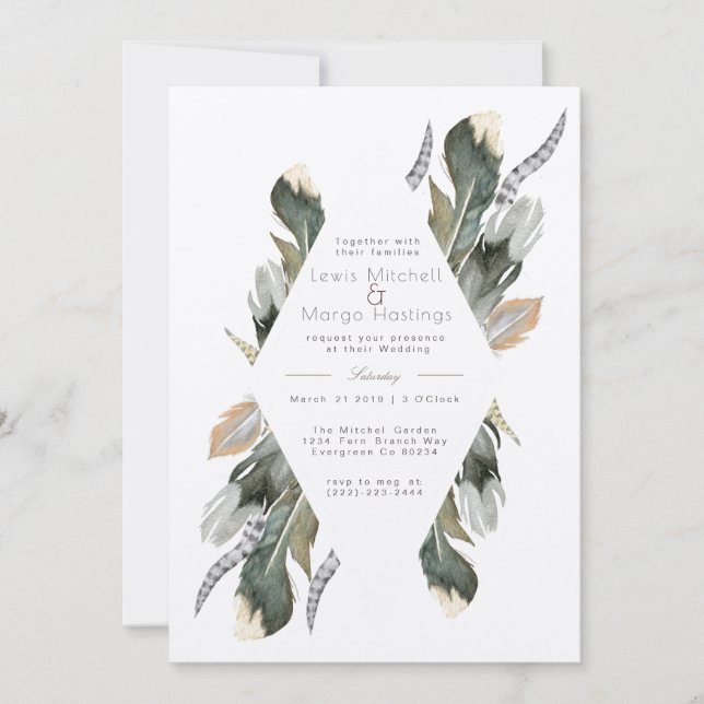 Feather Watercolor Diamond Overlay | Hochzeit Einladung (Vorderseite)