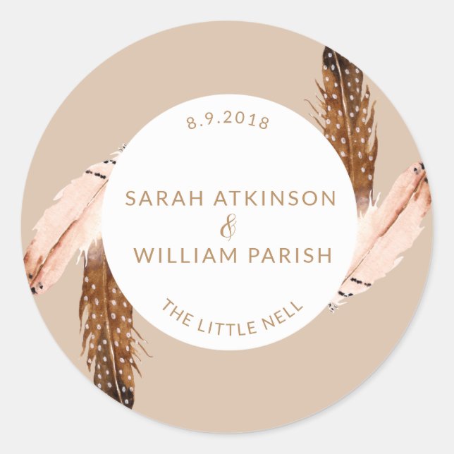 Feather Watercolor Wedding Sticker (Vorderseite)