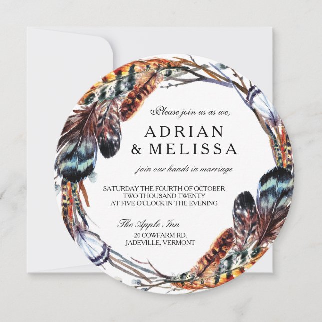 Feather Wedding Invitation 5.25 x 5.25 Circle Einladung (Vorderseite)