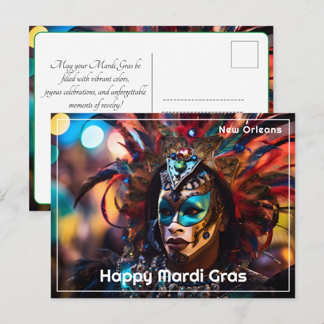 💚 💜 💛 Feathered Splendor: Mardi Gras Opulence Postkarte (Vorne/Hinten)