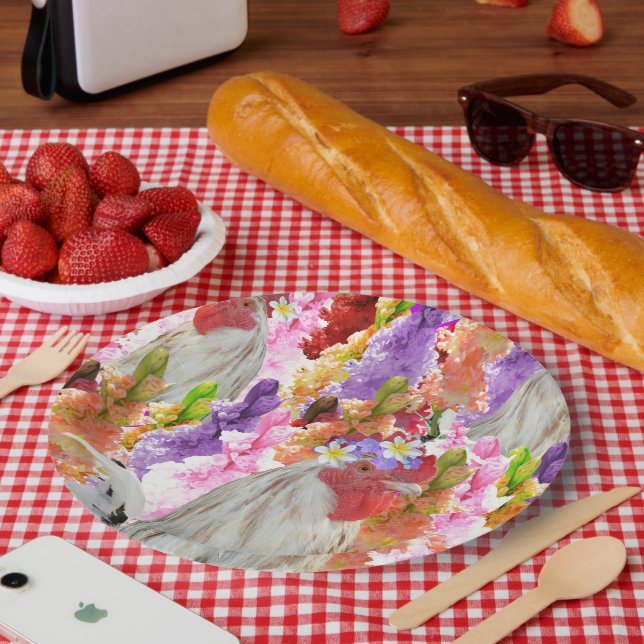 Feathers and Blooms: Rooster unter den Hollyhocks Pappteller (Picknick)