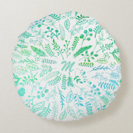 Feathers and Ferns in blauen und grünen Tönen Rundes Kissen