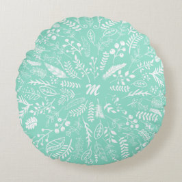Feathers and Ferns in blauen und grünen Tönen Rundes Kissen