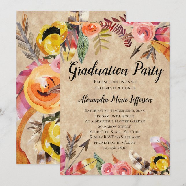 Feathers Arrows Blume Rustic Graduation Party Einladung (Vorne/Hinten)