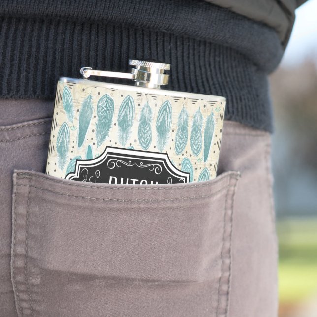 Feathers Black and Tan Hipster Pattern Flachmann (Beispiel)