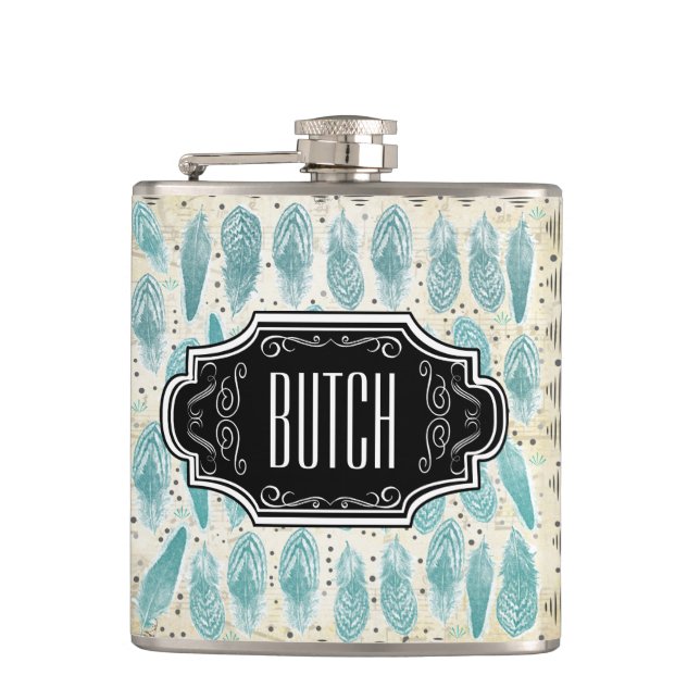 Feathers Black and Tan Hipster Pattern Flachmann (Vorderseite)