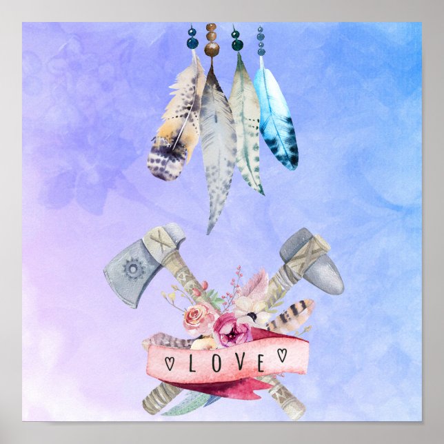 Feathers Blume und Liebe Wasserfarbdesign Poster (Vorne)