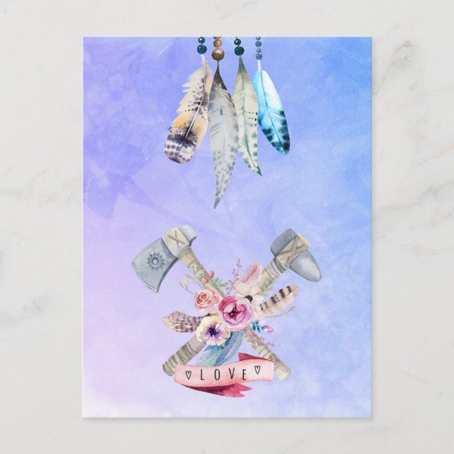 Feathers Blume und Liebe Wasserfarbdesign Postkarte (Vorderseite)