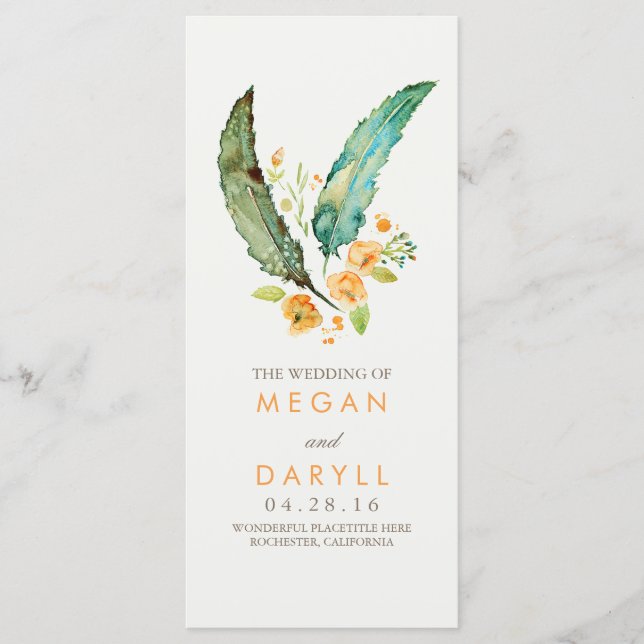 Feathers Boho Aquamarin Hochzeitsprogramme Programm (Vorderseite)