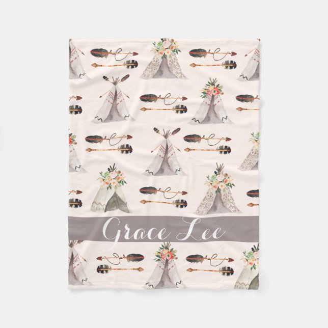 Feathers Boho Aquarelltüte Fleecedecke (Vorderseite)