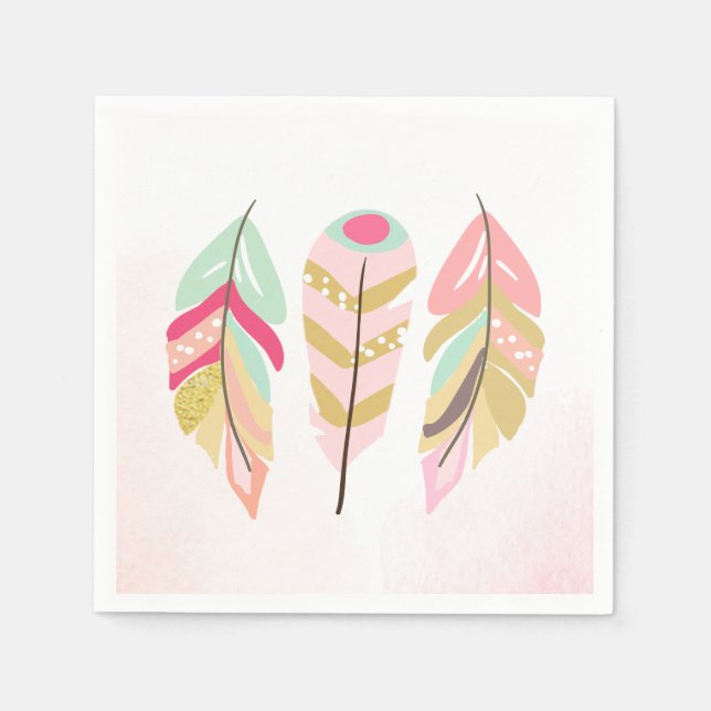 Feathers Boho Paper Napkins Pink Gold Girl Wild Serviette (Vorderseite)