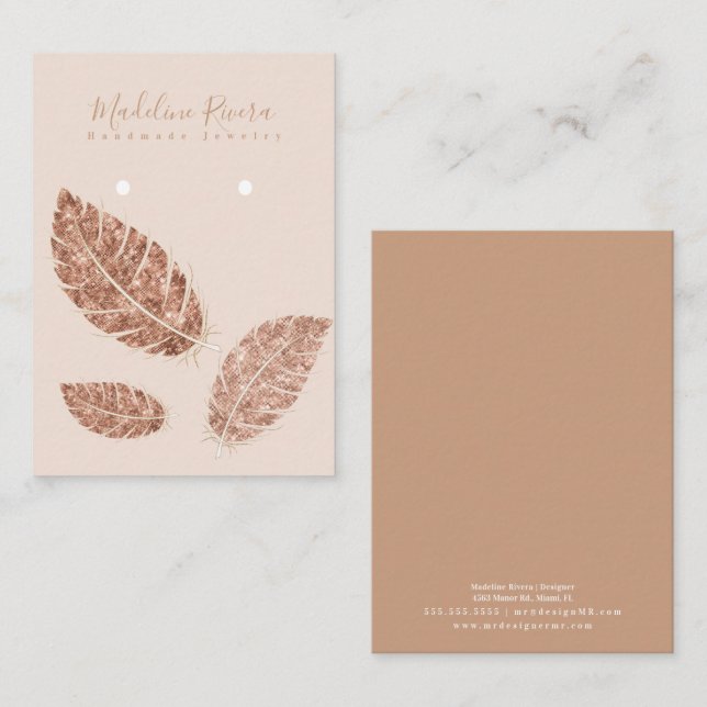 Feathers Imitate Gold Artisan Earring Display Card Telefonnummerkarte (Vorne/Hinten)