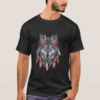 Feathers Men Women Wolf Portrait Kids Boho Wolf T-Shirt