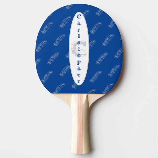 Feathers Pattern Blue Simple Modern Name Monogram Tischtennis Schläger (Vorderseite)