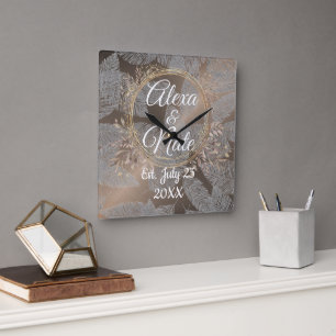 Feathers Rose Blush Bloral Wreath Hochzeit Custom Quadratische Wanduhr