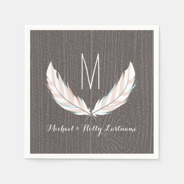 Feathers + Stallholz Monogram Wedding Serviette (Vorderseite)