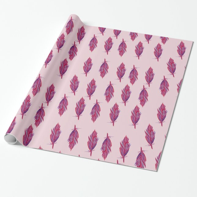 Feathers Watercolor Red Pink Wrapping Paper Geschenkpapier (Ungerollt)