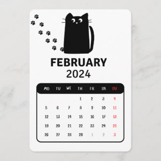 Februar 2024 Stand Alone Black Cat Calendar Menükarte