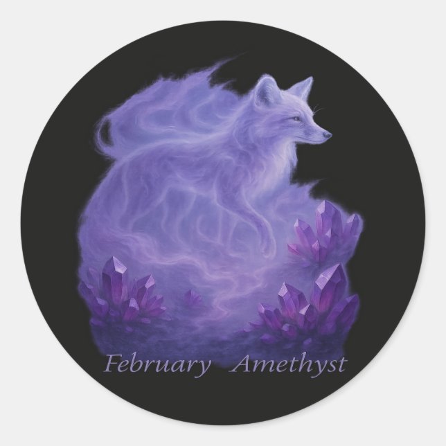 Februar Amethyst - Mystical Fox & Crystal Runder Aufkleber (Vorderseite)