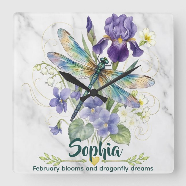 Februar-Geburtsblume Iris Veilchen Libelle Wanduhr (Vorderseite)