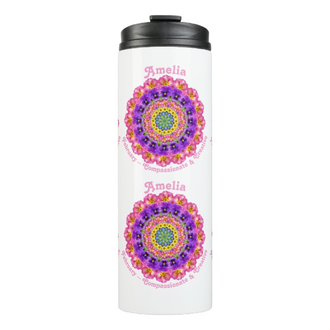 Februar Geburtsmonat Blume Custom Mandala Zen Thermosbecher (Vorderseite)