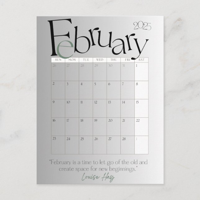 Februar Gray Modern Monthly Calendar 2025 Postkarte (Vorderseite)
