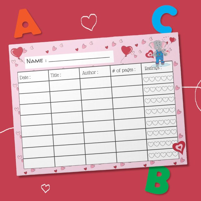 Februar Kid Reading Log Notepad Notizblock (Cute February kid reading log with a cartoon elephant and little hearts .)