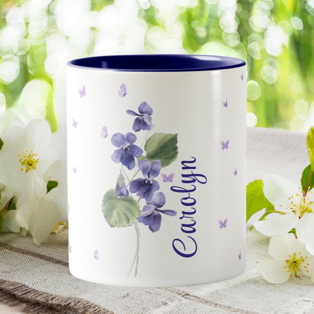 Februar Violet Birth Month Blume Floral Zweifarbige Tasse (Von Creator hochgeladen)