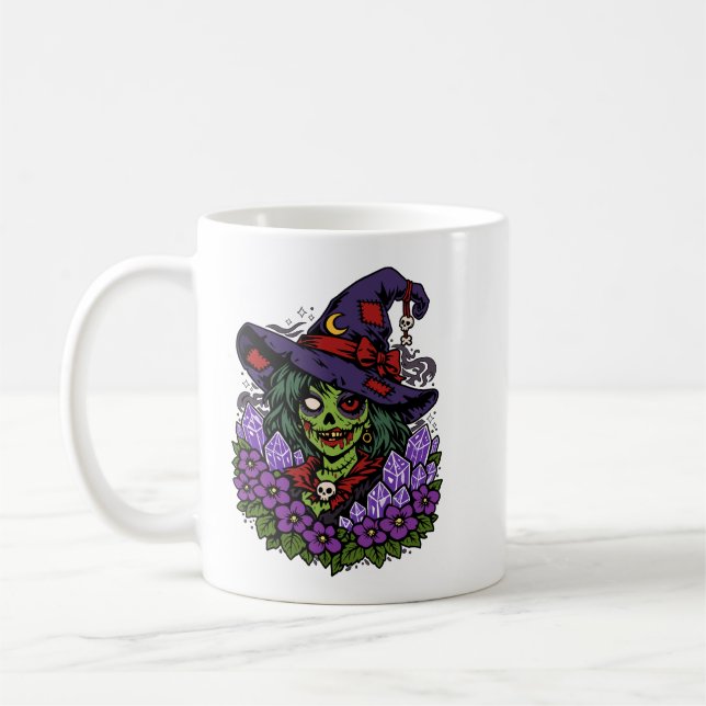 Februar Zombie Hexe mit Edelsteinen und Blumen Kaffeetasse (Links)