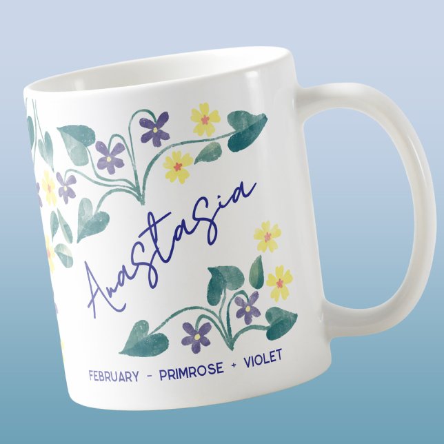 February Birth Flower Custom Name Primrose Violet Kaffeetasse (February birth month flowers primrose violet personalized custom name coffee mug with watercolor art)