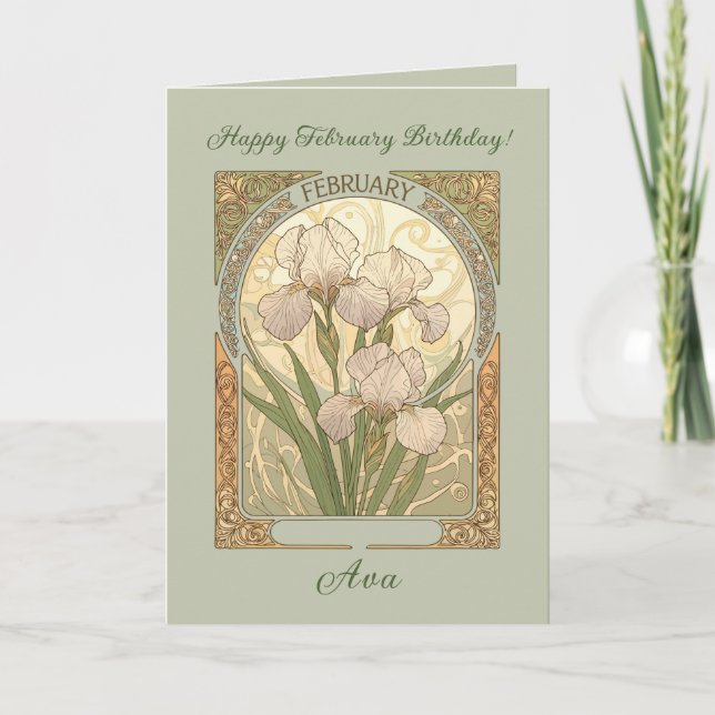 February Birthday Iris Flowers Art Nouveau Style Karte (Vorderseite)