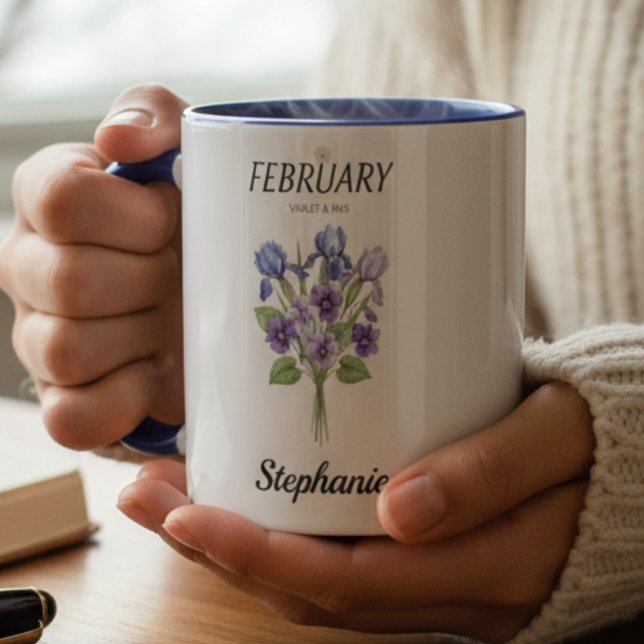 February Birthday Violet Iris Botanical Tasse (Personalized February Birthday Violet Iris Botanical Mug )