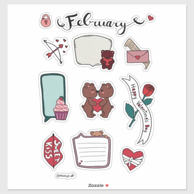 February Sticker Sheet – Sweet Bears & Love Vibes (Blatt)