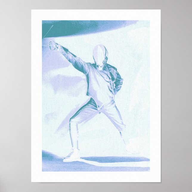 Fechtsilhouette in Blau Poster (Vorne)
