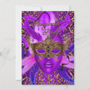 Feder Purpur & Goldmaske Maskenparty-Einladung Einladung