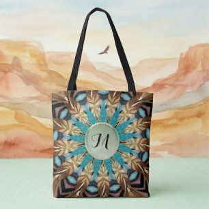 Feder-Teal, braun, blau und grüne Mandala-Tasche