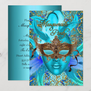 Feder Teal Goldmaske Maskenparty Einladung